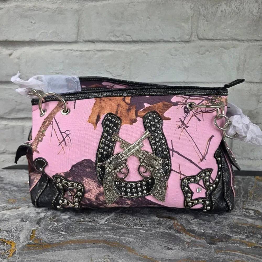 Mossy Oak Pink Camo Rhinestone Horseshoe Crossed Pistols